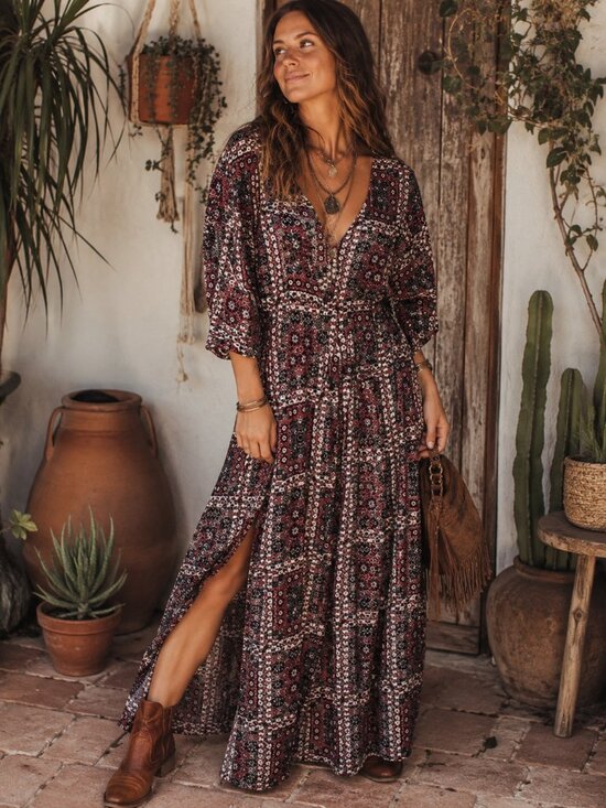 EARTHBOUND Dresses & Skirts - Bohemian Printed Maxi Wrap Dress in Burgundy and Black